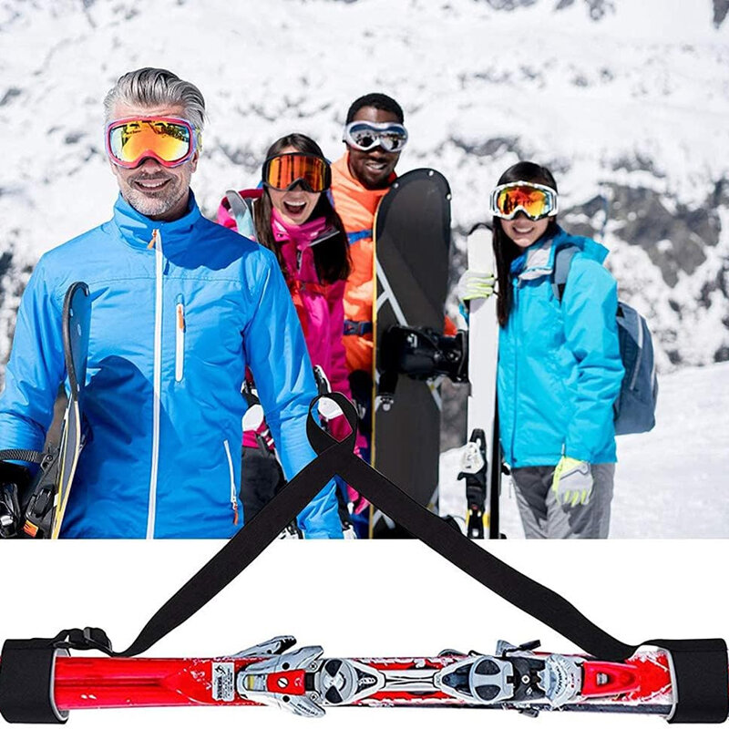 スキーポールショルダーハンドキャリア、ラッシュハンドルストラップ、調整可能なバックフック、ループ保護、ブラックナイロンスキーストラップバッグ、新品