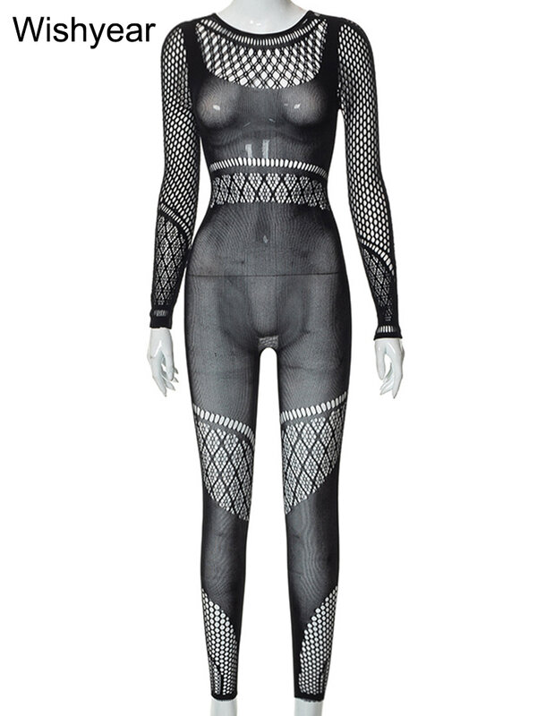 Sexy See Through Knitted Hollow Out Manga Longa Skinny One Piece Macacões para Mulheres Roupas Night Club Jumpsuit Buracos Bodysuits