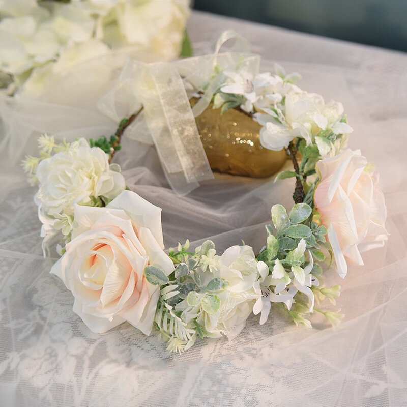 Couronne de fleurs dégradées pour mariée, accessoires de cheveux de mariage, bandes de sauna à fleurs de rose, bandeaux à ruban, style bohème, vêtements de sauna pour femmes
