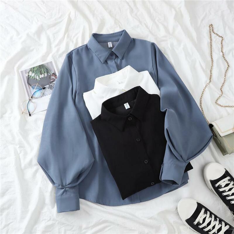 Camisa de manga larga con solapa para mujer, ropa de calle con manga de linterna, diseño de botonadura única, holgada y A la moda