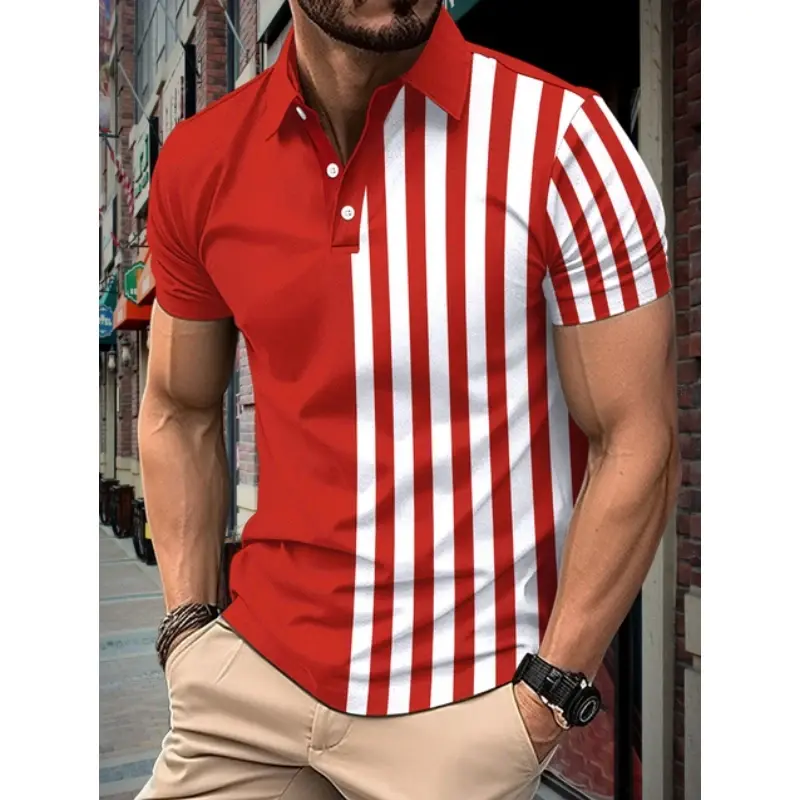 Kaus Polo pria lengan pendek, pakaian Golf ukuran besar, kaus kancing Lapel kasual atasan lengan pendek tren jalanan musim panas, kaus Polo motif garis-garis 3D