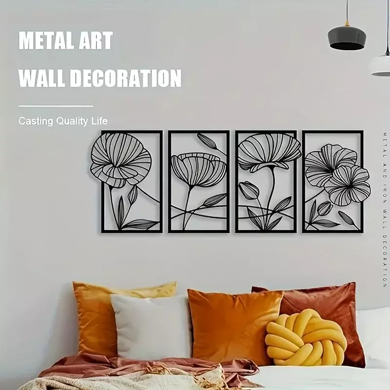 Décoration murale de fleurs en métal, sculpture murale abstraite de fleurs, décoration minimaliste, art mural, maison, 4 pièces