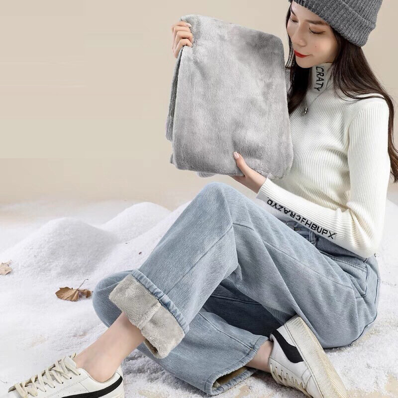 Jeans invernali in velluto da donna pantaloni in Denim a vita alta moda coreana pantaloni a gamba larga elasticizzati foderati in pile All-Match Vintage