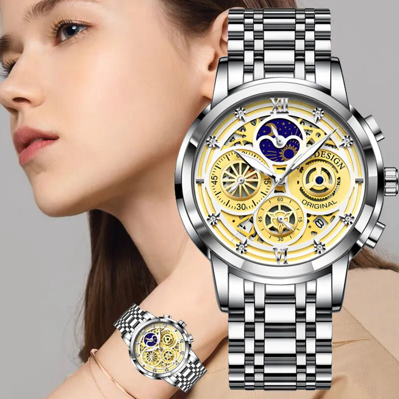 LIGE luksusowe panie zegarek kobiety wodoodporny złota stal pasek kobiety zegarki Top marka bransoletka zegary Relogio Feminino + Box