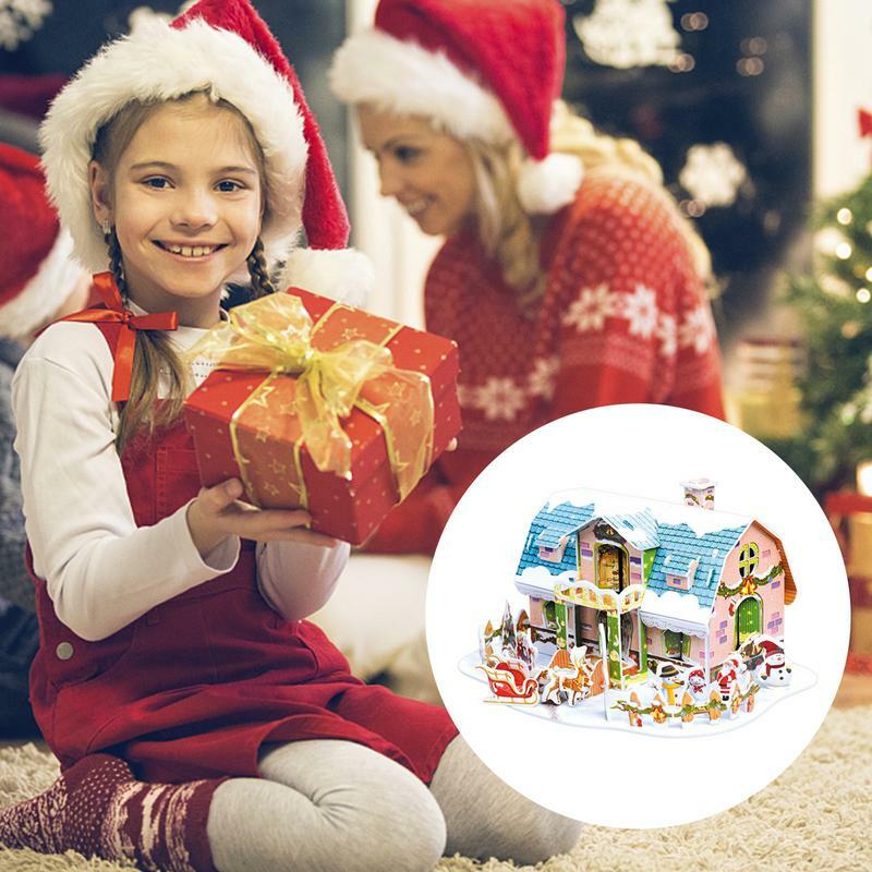 Kit de modèle de maison de puzzle 3D, décor de Noël, thème de scène de neige blanche, décor de petite ville, kit de modèle pour enfant