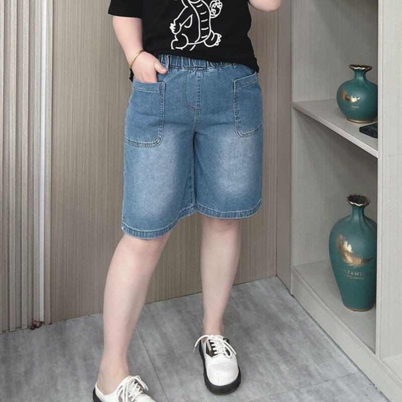 Plus Size elastische Taille knielange gerade Jeans Frauen 2024 Sommer neue lose dünne breite Bein lässige Shorts