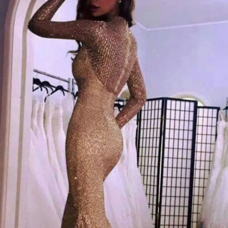 Y-Y New Style Elegant Womens Skirt Long Sleeve Tube Top Gold Sprinkled See-through Fishtail Dresses Banquet evening dress  