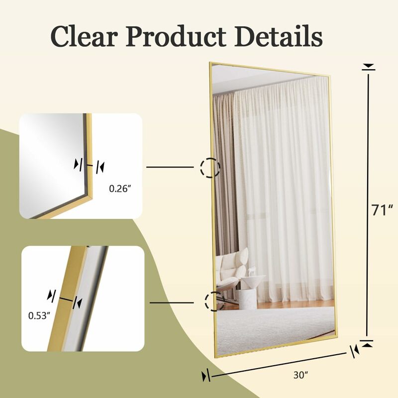 Rectangular Wall Mirror Full-Length Hanging Lean Aluminum Alloy Frame Bedroom Home Decor 71"x30" High-quality HD Glass Safe