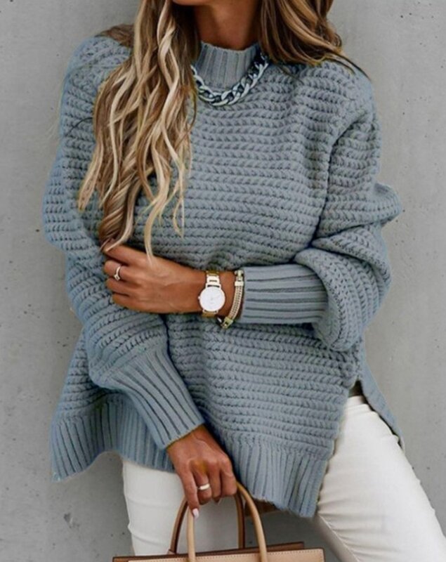 Sweater for Women 2023 Winter Long Sleeve Mock Neck Split Hem Sweater Plain Daily Casual Knitted Pullover Top Rib-Knit Sweater