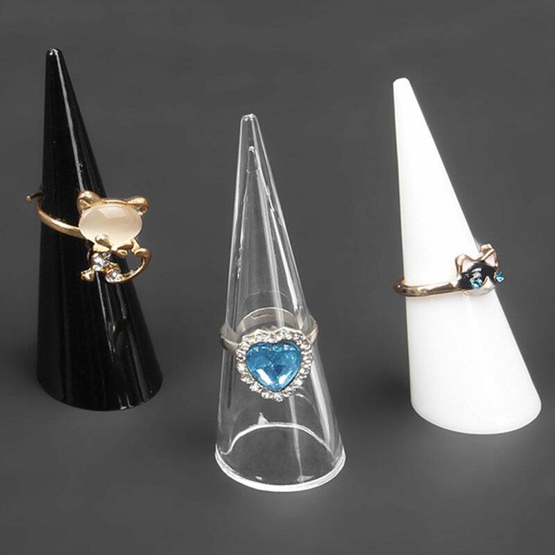 Titular do anel de cristal acrílico transparente Anel Display Suporte de jóias para exibição de anel de casamento Cone Rings Showcase Stand 1Pc Lot