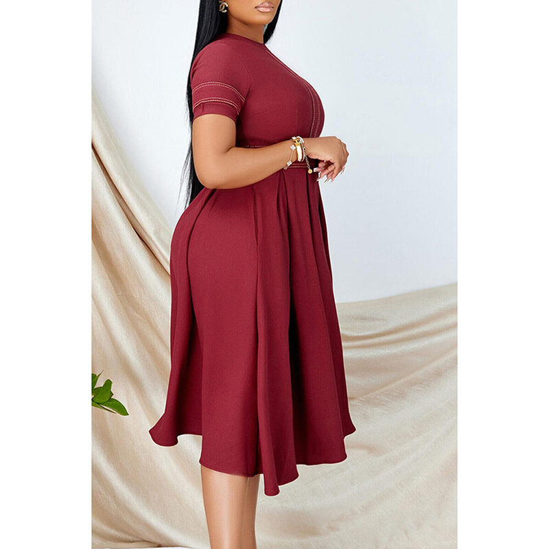 Plus Size Wine Red Casual High Waist Pleated Round Neck Midi Dresses