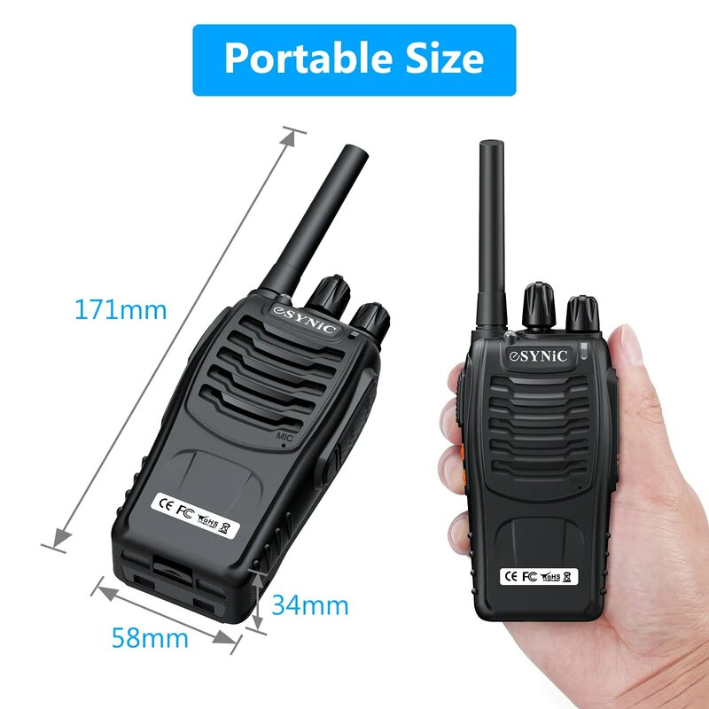 ESYNiC 2 Pcs Walkie Talkies Rechargeable 2 Way Radio PMR446 License Free LED Flashlight VOX Handled 16CH Walkie Talkie Outdoor