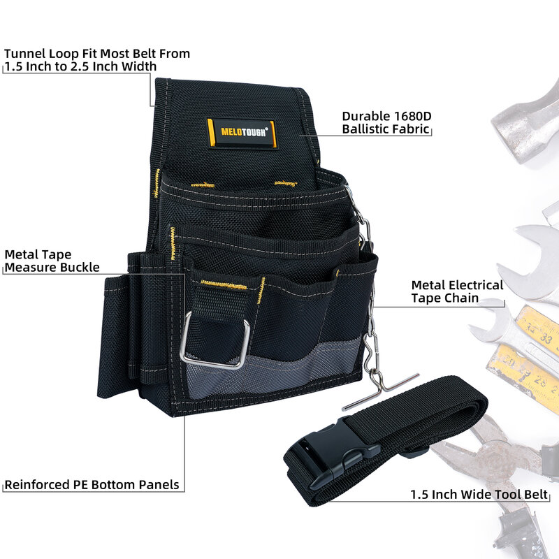 MELOTOUGH-Bolsa de herramientas para electricista, cinturón con Clip para cinturón, cadena de cinta eléctrica, múltiples bolsillos, organizador de herramientas