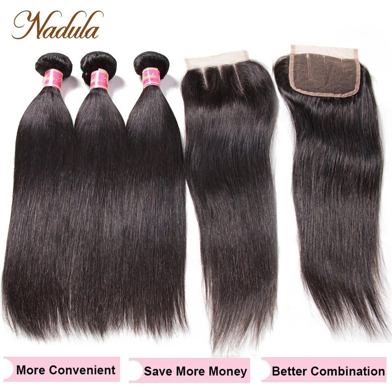 3 пряди волос Nadula с 2 прядями, перуанские прямые человеческие волосы с кружевной застежкой, 100% Реми волосы с застежкой 4*4