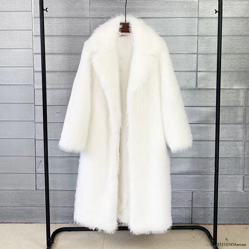 Inverno das mulheres de alta qualidade casaco de pele do falso de luxo longo casaco de pele solta lapela casaco grosso quente feminino casacos de pelúcia preto branco