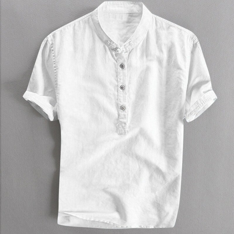 Camisetas con botones para hombre, camisas de vestir transpirables con cuello henry, blusa de lino y algodón de manga corta para exteriores