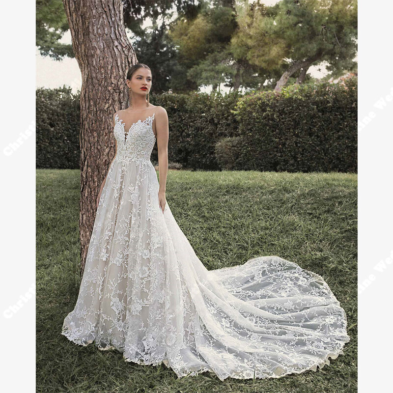 Gaun pernikahan leher V Bohemia untuk wanita, gaun pengantin renda Applique motif bunga, jubah putri pertunangan bola Tulle pengantin 2024