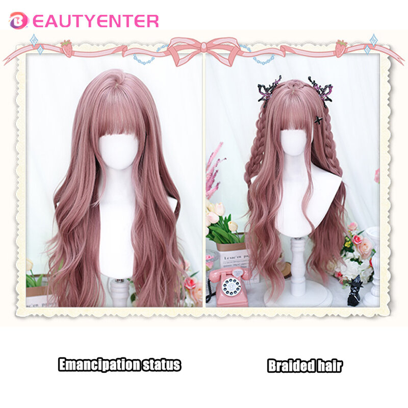 BEAUTYENTER Wig rambut sintetis merah muda Wig rambut alami panjang berombak dengan poni untuk wanita Wig Cosplay Lolita tahan panas