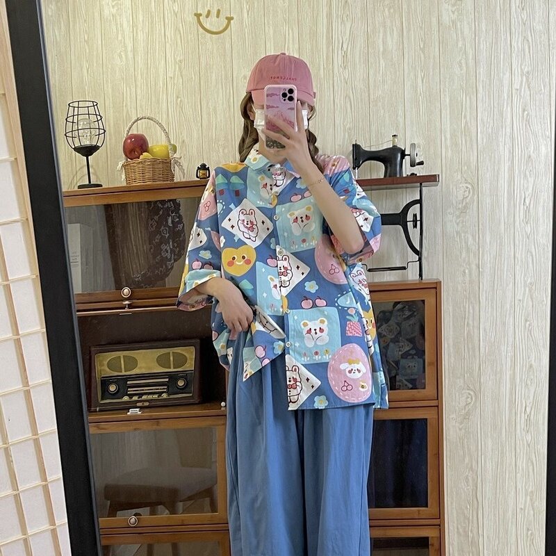 Blusa estampada com fita feminina, manga curta, polo solto, top para meninas, camisas femininas, verão, casual, doce, fofo, Japão, 2024