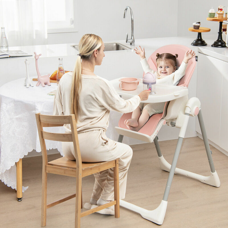 Babyjoy dobrável cadeira alta do bebê com 7 alturas ajustáveis & barra de brinquedos grátis para o divertimento rosa