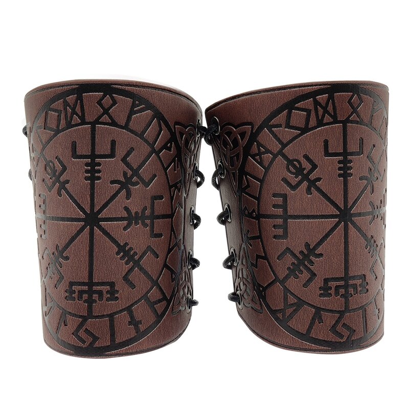 1 Pair Cosplay Props Retro Vegvisir Embossed Leather Arm Armor Medieval Wristband Black