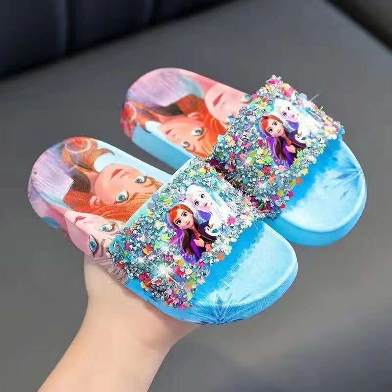 Sapatos Frozen Anna e Elsa feminino Disney, lindos desenhos animados princesa Flats, sapatos infantis, chinelos internos e externos, sapatos de praia infantis