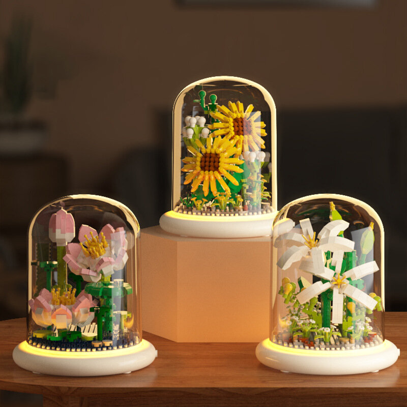 Building Block Flower Assembly Bouquet, decoração desktop, brinquedo de montagem infantil Puzzle