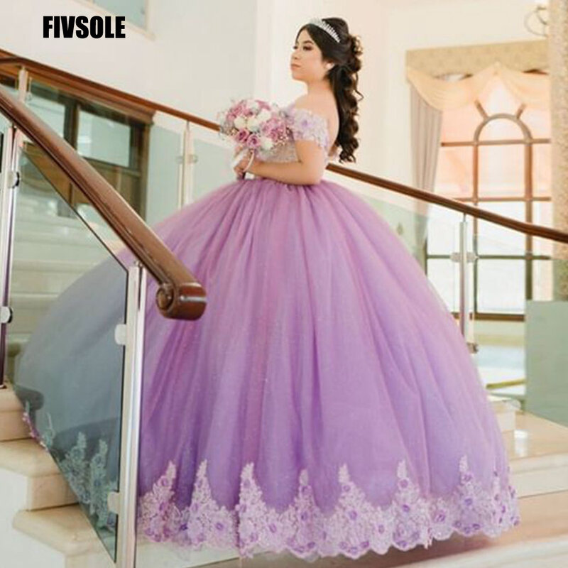 Fivsole夜会服チュールquinceaneraのドレス2022 vネックレースアップリケの花真珠甘い16ドレスvestidosデ15 anos