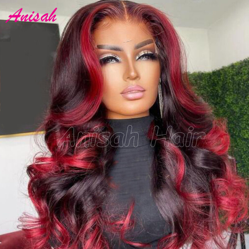 Red and Black Highlight Lace Front Wigs Human Hair Pre Plucked HD Lace Frontal Wigs Ombre Red Colored Body Wave Wigs for Women