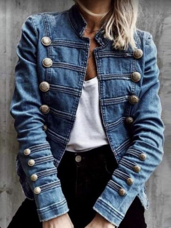 Casaco jeans vintage feminino, top justo, elegante, que combina com tudo, jaquetas de peito duplo, europeu, moda americana, outono, novo