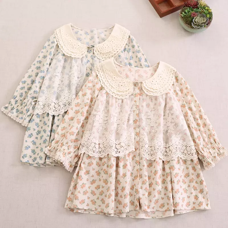 Summer Japanese Sweet Mori Girl Style Lace Spliced Floral Print Shirt Women Peter Pan Collar Half Sleeve Single Breasted Blouse