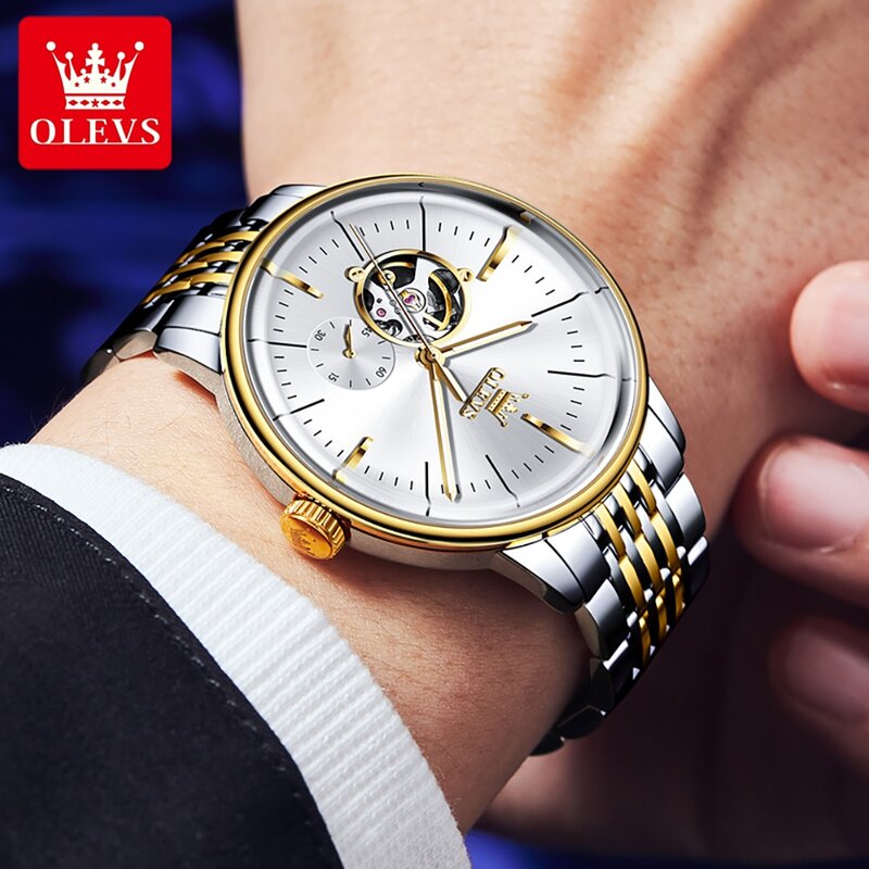 OLEVS relógio mecânico automático masculino, relógio de pulso high-end em aço inoxidável, cronógrafo original, marca luxo