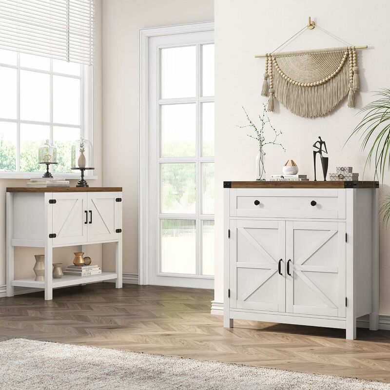 Modern Farmhouse Buffet Sideboard with Drawer and Adjustable Shelf, Barn Door Storage Cabinet for Kitchen, Dining Room, Bathroom