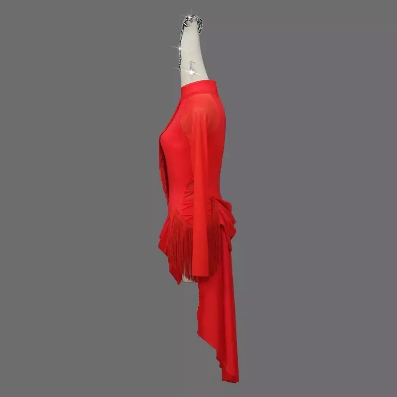 Vestido de competición profesional de baile latino rojo para mujer, Falda corta sin tirantes, Sexy, ropa de práctica de salón, ropa para niña, 2024