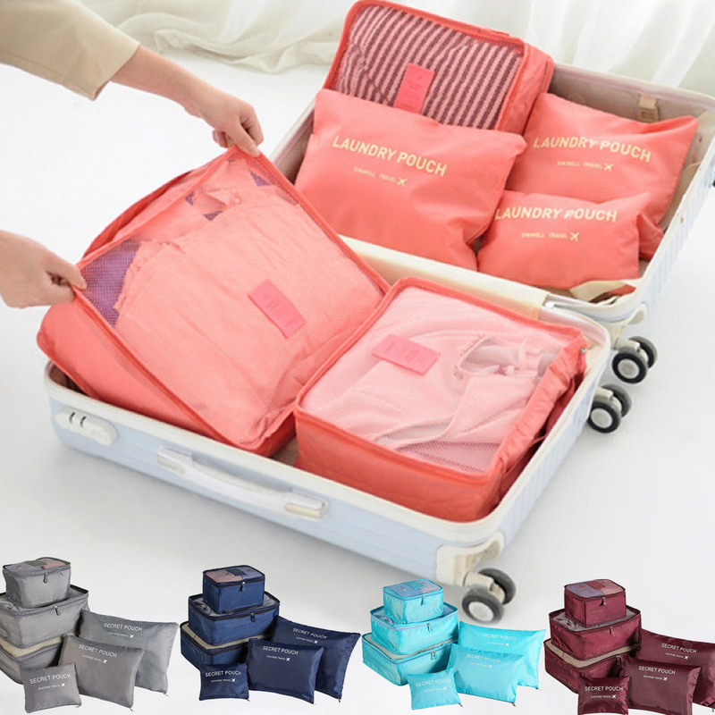 대용량 방수 수하물 의류 속옷 보관 가방, 핑크, 블루, 그레이, 지퍼 포함, 6 개 세트