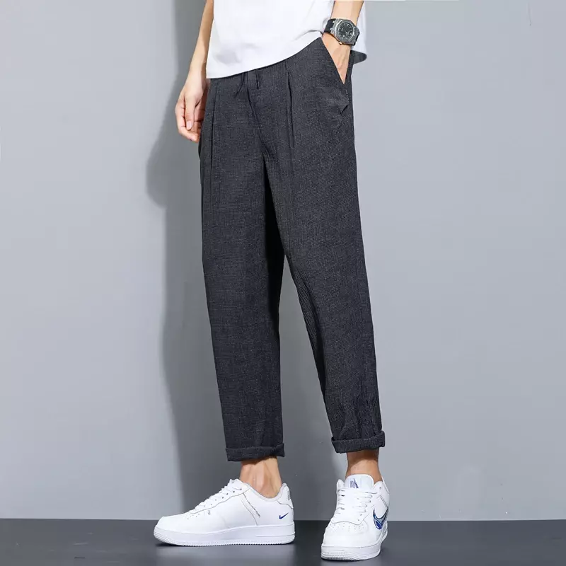 FjFashion-Pantalon d'été en coton et lin pour hommes, décontracté, solide, respirant, short adt, droit, streetwear