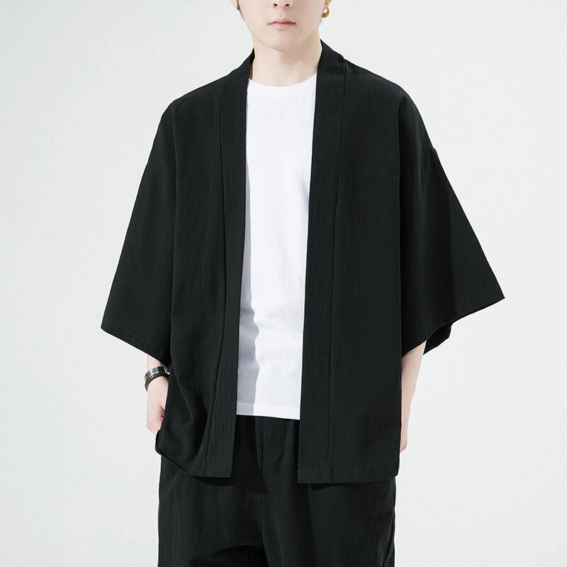 Kimono tradicional para homens, camisa de algodão e linho, cardigã de manga três quartos, harajuku