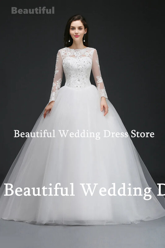 Nowa biała suknia ślubna damska z okrągłym dekoltem z długim rękawem koronkowa aplikacja tiulowa o długości do podłogi suknia ślubna Vestidos de novia 2024