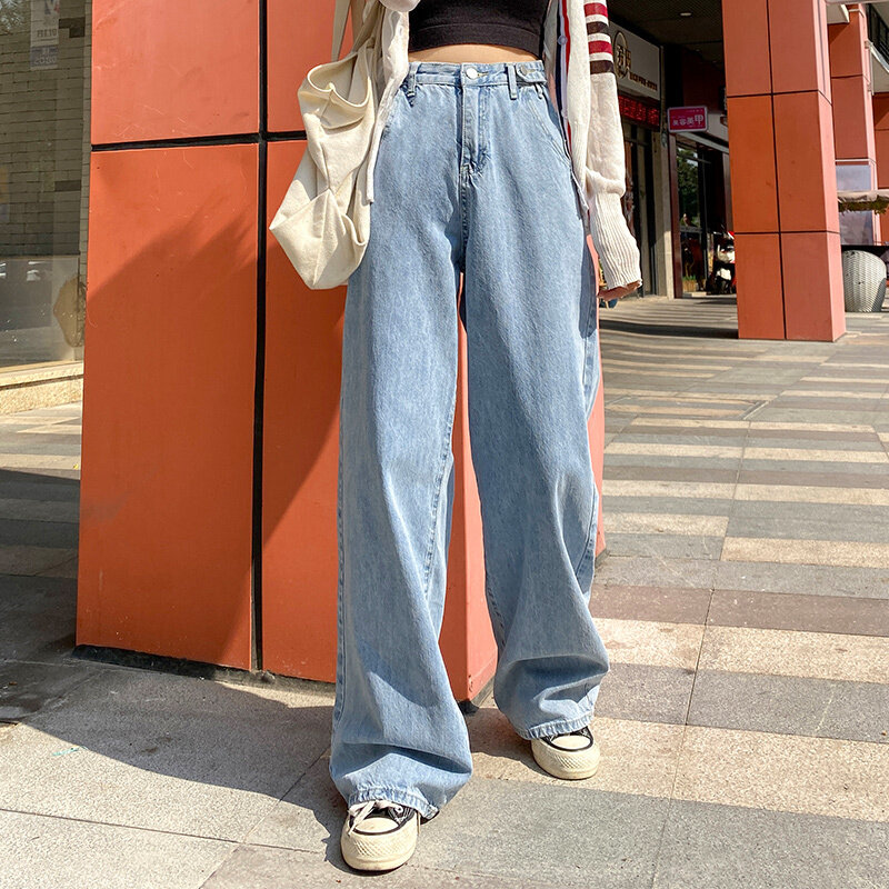 Feynzz-Jean bleu taille haute à jambes larges pour femme, pantalon droit, mode vintage, qualité