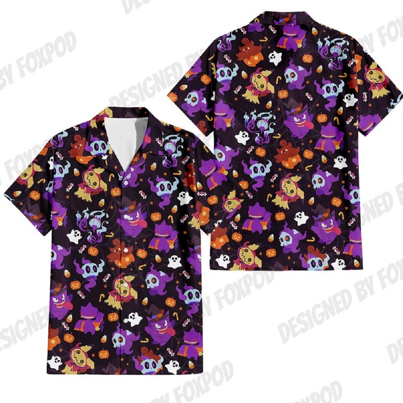 Letnia koszula hawajska z krótkim rękawem w stylu anime z nadrukiem Cartoon Animal dla mężczyzn Oryginalne ubrania Harajuku