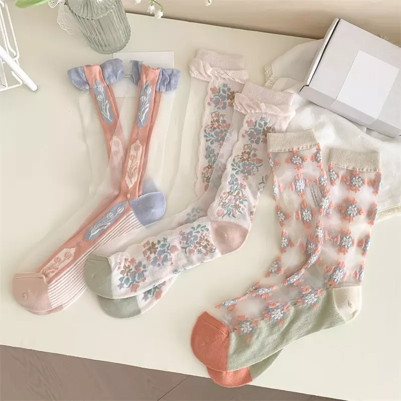 3 Pairs Women's Socks Thin Summer Korean Style Mixed-color Flower Socks Set Breathable Novelty Ladies Transparent Socks Long