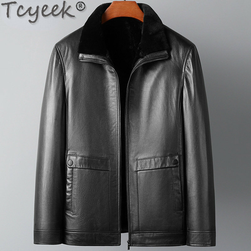 Tcyeek-Chaquetas de piel auténtica para hombre, abrigo informal de piel auténtica, grueso, Natural, para invierno