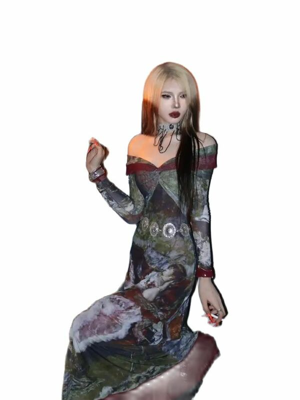 Женское платье с воротником-лодочкой, готическое винтажное платье в стиле панк с длинным рукавом и принтом маслом, приталенное платье с одним вырезом и длинным рукавом