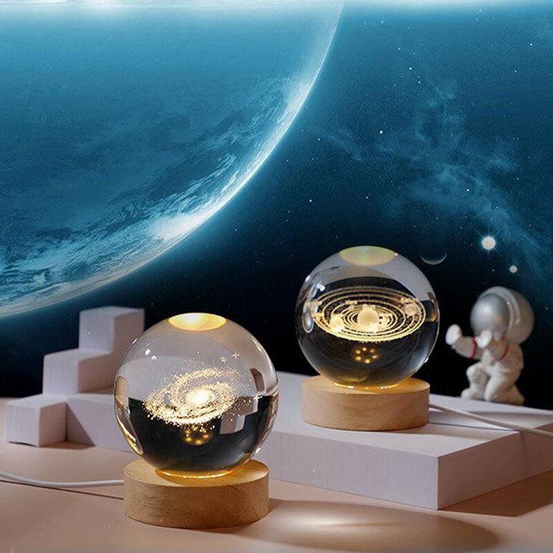 3D Inner Carving Crystal Ball Night Lights, USB Power, Luz de cabeceira quente, Galáxia planetária, Astronauta