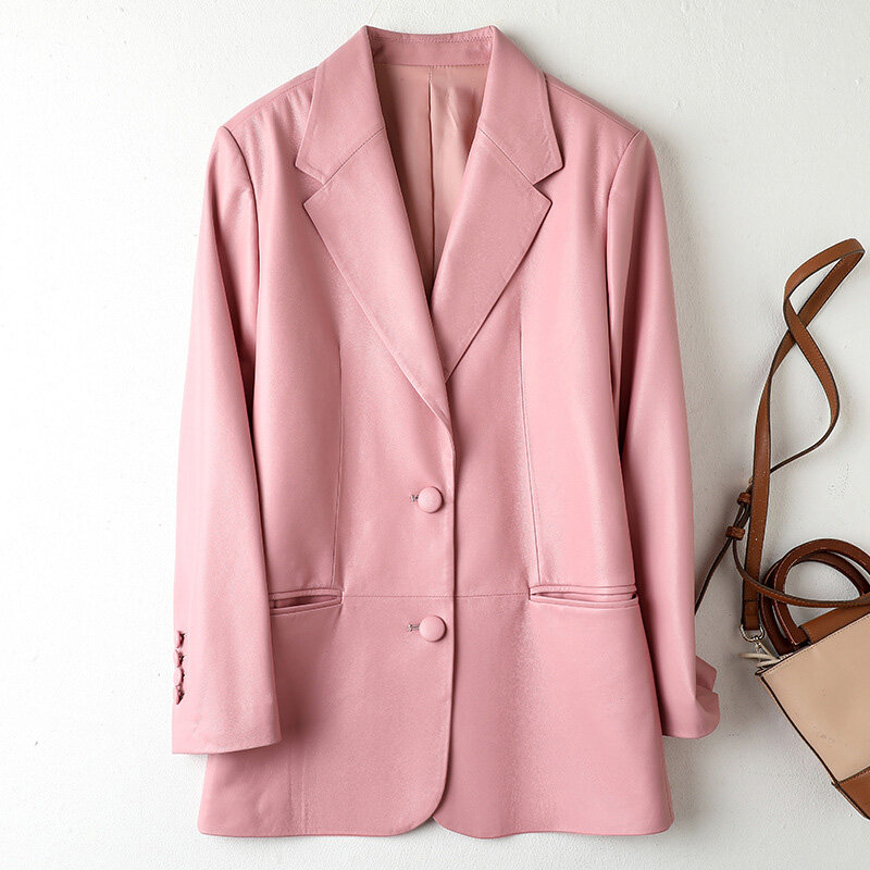 Jaket Blazer kulit domba untuk wanita, jaket Blazer kulit domba baru 2024, jaket kasual berkancing sebaris warna merah muda untuk wanita