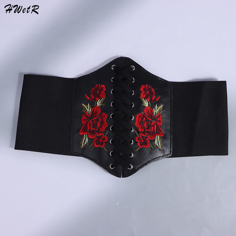 Cinturón de corsé gótico para mujer, faja con bordado de flores de PU, banda de cintura adelgazante, cinturón ancho negro Vintage, 1 piezas