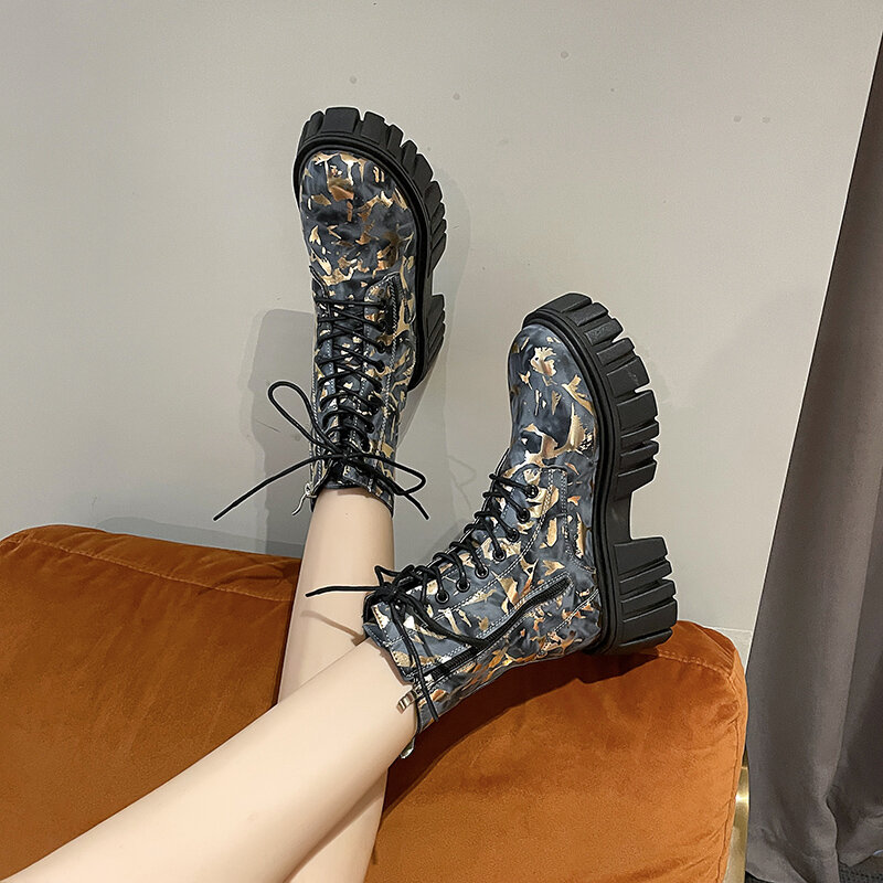 Designer Women Shoes 2023 Trendy Platform Women's Boots Chunky Heel Lace-up Motorcycle Boots Plus Size 42 Outdoor Hiking Boots