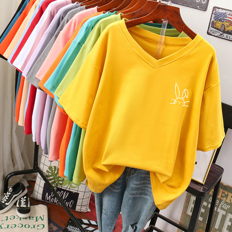 Dayifun-女性用の砂の半袖Tシャツ、ルーズな漫画のプリントチェーンTシャツ、綿のVネックトップ、プラスサイズ、100kg、夏
