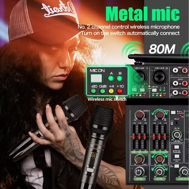 Mixer Audio 4 Saluran dengan Microphone Nirkabel, Konsol Bluetooth untuk DJ Mixing pada Pesta, Soundbar Mesin Karaoke