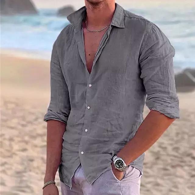 2023 High Quality 100%Cotton Linen Shirt Men's Casual Loose Tops Long Sleeve Tee Shirt Summer Autumn Beach Vacation Men's Shirts